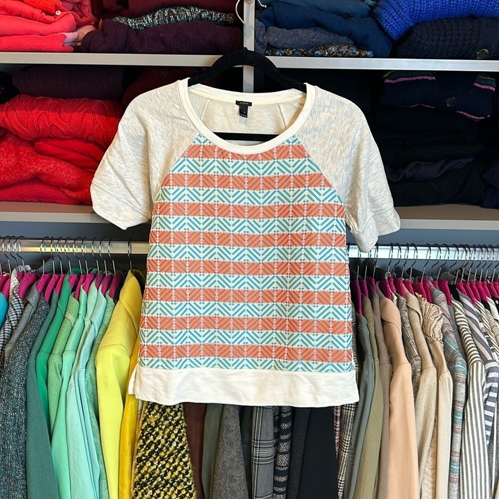 J Crew gray with orange/blue print sweatshirt top size XS